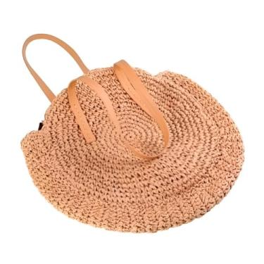 Imagem de Bolsa de Palha Redonda com Alças de Couro, Estilo Praia, Tecido Natural, Bege