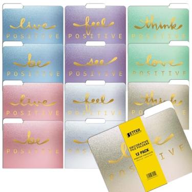 Imagem de Pastas de arquivo decorativas, pacote com 12, 6 cores/6 frases, 12 , peso pesado, tamanho carta (24 x 29 cm) com aba 1/3 cortada, pensamentos positivos em folha dourada, pastas modernas da Better Office Products