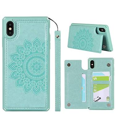 Imagem de ShunJieTech Capa para iPhone X/XS, [porta-cartão de crédito e capa carteira com ranhura] Capa mandala traseira protetora à prova de choque com alça (5,8 polegadas) - verde