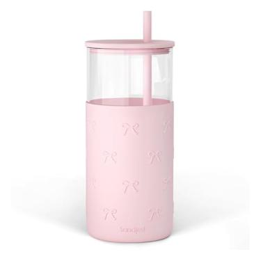 Imagem de SANDJEST Copo de vidro com canudo e tampa, garrafa de água de vidro com manga de silicone 590 ml, smoothie, xícara de café gelado, presentes para mulheres, adolescentes, meninas, aniversário, Natal