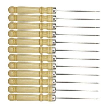 Imagem de IEUDNS 12 peças espetos de churrasco de aço inoxidável com cabo de madeira, resistente ao calor, reutilizável, espeto de polvo, pino de carne para carnes