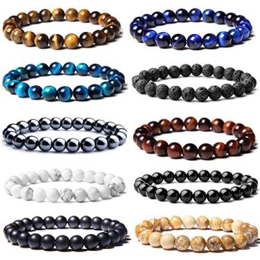 Imagem de sonnyx Pulseira De Olho Tigre Masculina Com 10 Peças, Conjunto Contas Pedra Natural 8 Mm, Pulseiras Elásticas Rocha Vulcânica, Ajustáveis Cristal Preto Para Mulheres