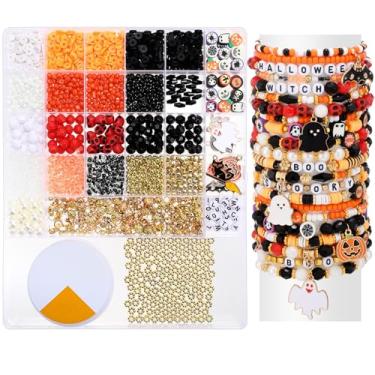 Imagem de Tondiamo Kit de artesanato de pulseira de Halloween, contas de Dia das Bruxas, kit de fabricação de pulseiras de amizade, inclui contas de argila, joias, berloques, cordão, DIY, abóbora, caveira