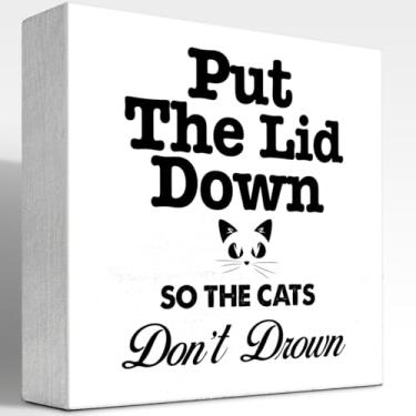 Imagem de z-crange Coloque a tampa para que os gatos não se afogem sinal de caixa de madeira decoração placa de mesa, lembrete engraçado de banheiro sinal de bloco de caixa de madeira para escritório em casa