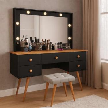 Imagem de Penteadeira Camarim Isa 100% MDF com LED Espelho e Banqueta Design Sofisticado Ideal para Organizar Maquiagens e Acessórios Trazendo Elegância e Funcionalidade ao seu Ambiente (Preto)