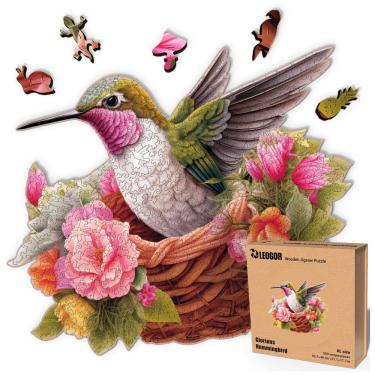 Imagem de Quebra Cabeças em Madeira MDF para Adultos, Tema Pássaro Glorious Hummingbird e Flores com 500 Peças, LEOGOR