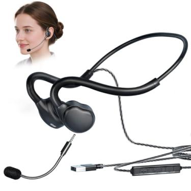 Imagem de QOEKUEY Professional Gaming Open Ear Headset with Detachable Boom Microphone, Wired Controls, Black