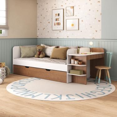 Imagem de Cama de Solteiro Funcional Infantil com Escrivaninha e Cama Auxiliar 100% Mdf Premium Helena Branco/ Castanho