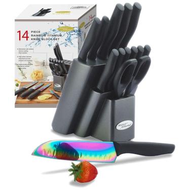 Imagem de Conjunto de Facas em Titânio com Bloco de Bancada, 14 Peças, MARCO ALMOND KYA25, Preto