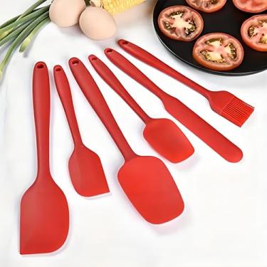 Imagem de Conjunto de 6 espátulas de silicone para assar, misturar e virar na lava-louças – Utensílios de cozinha para panelas antiaderentes, vermelho