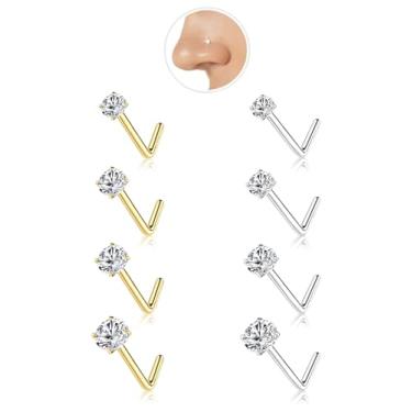 Imagem de 8 peças de aço cirúrgico hipoalergênico 20G em forma de L / parafusos de nariz para mulheres e homens, anéis de nariz de saca-rolhas com 1,5-3 mm CZ gancho leve pinos de narina, 1.5/2.0/2.5/3.0mm, Aço