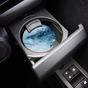 Imagem de Conjunto de 2 porta-copos para copo de carro de mármore de fazenda, ombré, azul, branco, mármore, arte de rachaduras, absorvente de cerâmica, pedra para bebida com entalhe de dedo para facilitar a