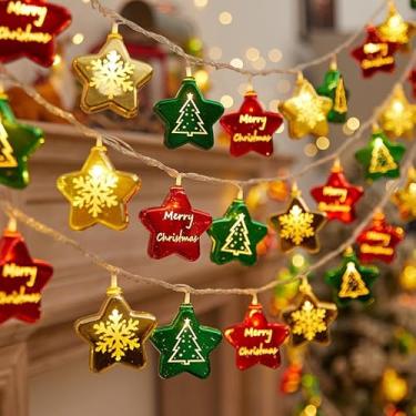Imagem de 1 cordão de luzes brilhantes "Merry Christmas" - vermelho/verde/dourado com desenhos de floco de neve e árvore 1,5 metros (2 pilhas AA não incluídas), multicolorido, estrela