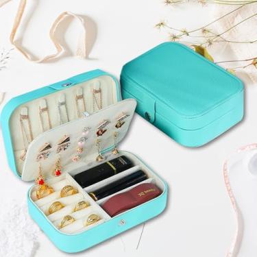 Imagem de Caixa de joias de viagem, caixa de joias quadriculada portátil de couro, organizador de anéis de joias, porta-joias, caixas de presente para meninas, mulheres, xadrez preto e marrom