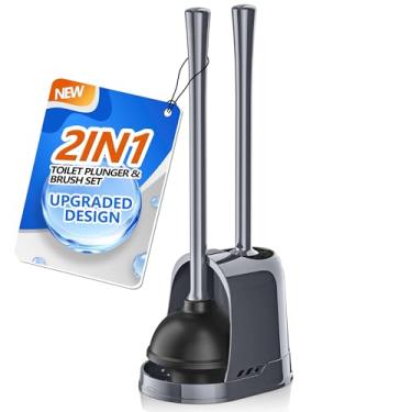 Imagem de LOVLOY Desentupidor e escova de vaso sanitário, escova de tigela e conjunto de desentupidor de vaso sanitário resistente com suporte ventilado, escova de vaso sanitário 2 em 1 e combo de êmbolo para limpeza de banheiro (cinza, 1 conjunto)