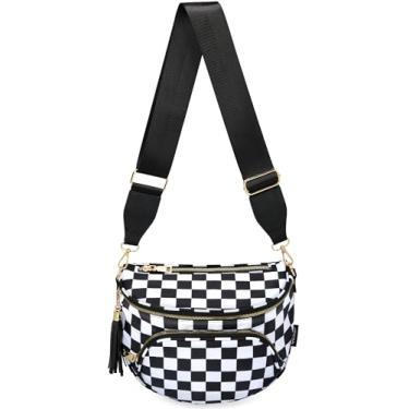 Imagem de HILAEX Bolsa transversal quadriculada espaçosa para mulheres pochete transversal de nylon bolsa quadriculada com cinto carteira, Preto, branco, Casual