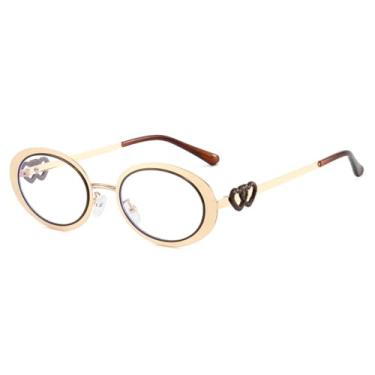 Imagem de HCHES Lindos óculos de sol ovais femininos com design de coração duplo na cor rosa, proteção UV400 e lentes douradas anti-luz azul.