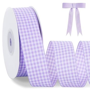 Imagem de TONIFUL 2,5 cm x 25 metros roxo claro fita xadrez xadrez bufante fita xadrez para embrulhar presentes, fazer laços de cabelo, buquê floral, artesanato, Páscoa, dia dos namorados, chá de bebê