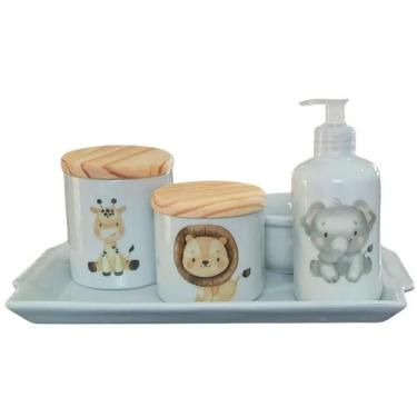 Imagem de Kit higiene bebê Safari 5 peças - Bandeja, potes, porta álcool e molha