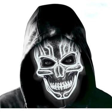 Imagem de SHANJIA Máscara de Halloween, máscara iluminada, crânio assustador com iluminação LED para festival de Halloween, cosplay, baile de máscaras, festa de carnaval (branca)