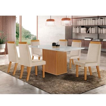 Imagem de Conjunto Sala de Jantar Mesa Riviera com Tampo de Vidro 180cm e 6 Cadeiras Riviera LJ Móveis - Castanho Cinamomo/ Creme/Off White
