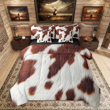 Imagem de Erosebridal Jogo de cama king size de couro bovino com estampa de vaca fofa, conjunto de edredom infantil de pele de animal ocidental para decoração de quarto de meninos, adolescentes, adultos, vida