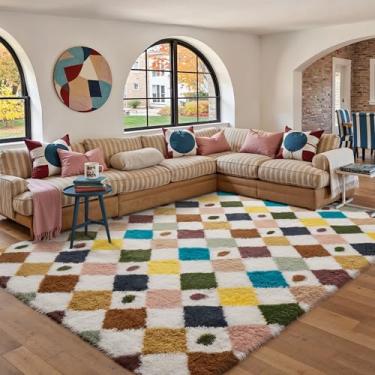 Imagem de PureCozy Tapete quadriculado, 22,5 x 30,5 cm, fofo, felpudo, para sala de estar, arco-íris, moderno, lavável, macio, antiderrapante, antiderrapante, para uso interno, para quarto, dormitório