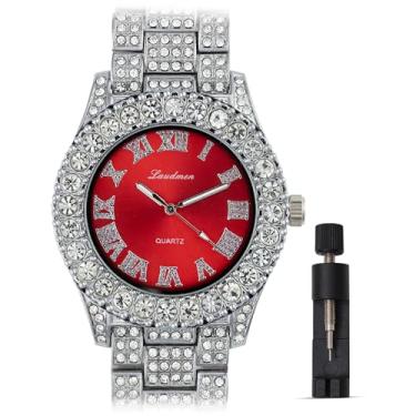 Imagem de ICEDTAG Conjunto de relógio e pulseira com algarismos romanos luxuosos com pedras grandes, mostrador colorido, Ouro branco - mostrador vermelho, Regular, Decoração de festa chá de bebê dia dos