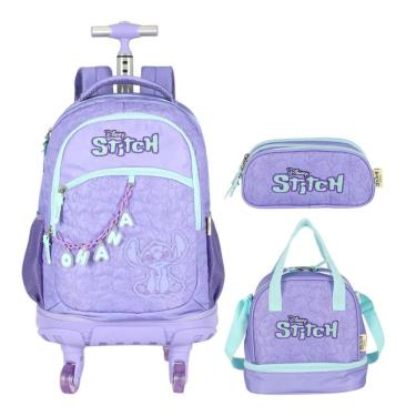 Imagem de Kit Mochila Stitch  Escolar Meninas Rodinhas 360 Estojo Lancheira Luxcel Disney