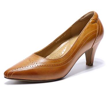 Imagem de Mona flying Sapato social feminino de couro, salto médio, bico fino, para escritório, Marrom-5, 38