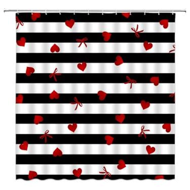 Imagem de DSMEUE Cortina de chuveiro para dia dos namorados, decoração de laço de coração vermelho para banheiro, cortina de tecido moderno listrado preto e branco com ganchos, 187 x 177 cm