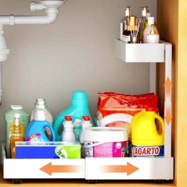Imagem de Maywise Organizador expansível sob o armário de 2 camadas, 1 pacote de adesivo embaixo da pia, armazenamento ajustável para cozinha, banheiro, lavanderia, gaveta de tirar e colar, prateleira branca