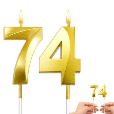 Imagem de Velas douradas de 74 anos, decorações de bolo de aniversário de 74 anos
