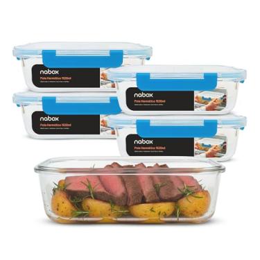 Imagem de Conjunto 5 Pote Vidro Hermético Trava Premium 1520ml Grande (Azul)