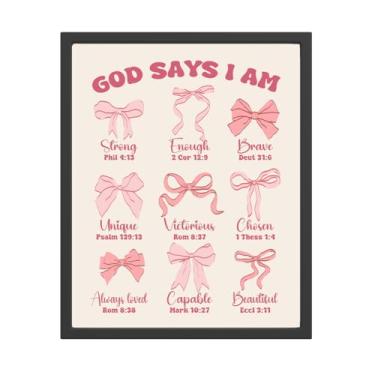 Imagem de Pôster de laço rosa na moda, pintura com estampa de laço rosa claro, God Says I am Inspirational Quote Christian Aesthetic Wall Decor para quarto e sala de estar (20 x 25 sem moldura)