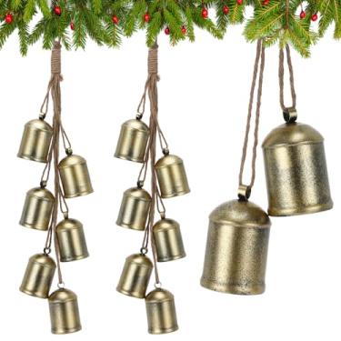 Imagem de Moxweyeni Conjunto de 2 sinos de Natal para decoração de sino vintage de latão com corda de pendurar, ornamentos rústicos grandes para guirlanda de árvore de Natal, guirlanda de janelas, portas e