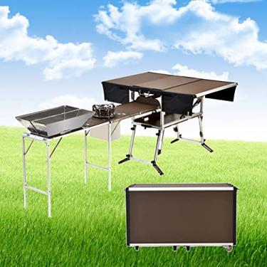 Imagem de JYXYXSCP Mesa de cozinha portátil de acampamento, mesa de churrasqueira dobrável leve com banco e fogão para piquenique no quintal (pacote 5)