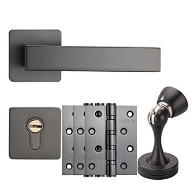 Imagem de Maçaneta de porta Alavancas de porta com chave para todos os tipos de portas de madeira/portas de quarto - fechadura de porta cinza com alça (cor: cinza + pacote com 3 dobradiças planas)