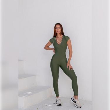 Imagem de Macacão Fitness Toque Gelado Decote V Transpassado Manga Curta Costas Abertas Média Compressão-Feminino