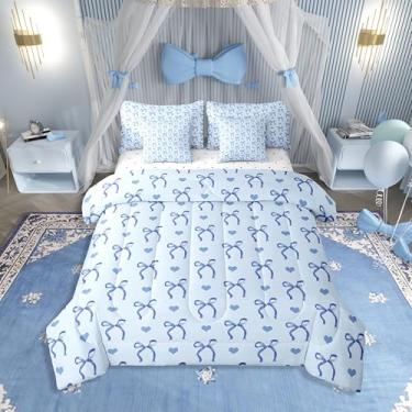 Imagem de Erosebridal Conjunto de edredom completo com laço e laço azul amor, 7 peças | Conjunto de cama infantil em uma bolsa para quarto, lindo laço sonhador, conjunto de cama kawaii com edredom, decoração de