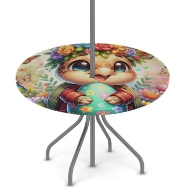 Imagem de hongjinglin Toalha de mesa de Páscoa para uso ao ar livre com orifício para guarda-chuva, toalha de mesa redonda elástica com zíper, impermeável, limpável, para piquenique, festa, pátio, serve para