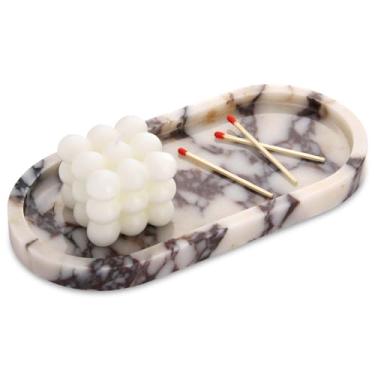 Imagem de Bandeja oval de mármore para banheiro, bandeja de mesa de banheiro de mármore natural de luxo, bandeja decorativa de bancada de pedra para joias de perfume de café (Calacatta Viola, 25,4 cm x 12,7 cm