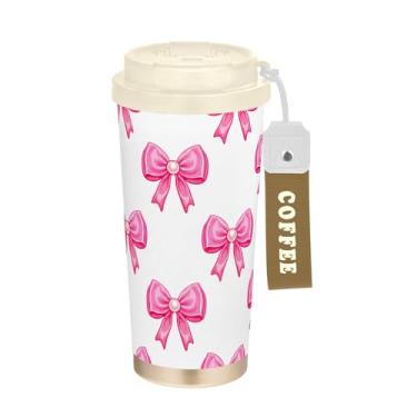 Imagem de SEHANY Linda caneca de viagem rosa com laço de bolinhas 482 g Copos de café reutilizáveis revestidos de cerâmica com tampa à prova de vazamento, parede dupla, isolamento a vácuo, copo de café de aço