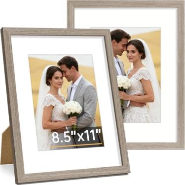 Imagem de Vittanly Conjunto de 2 porta-retratos de 21 x 28 cm, moldura de madeira maciça para parede ou mesa, exibição de foto 15 x 20 com tapete ou 21 x 28 sem tapete, marrom claro