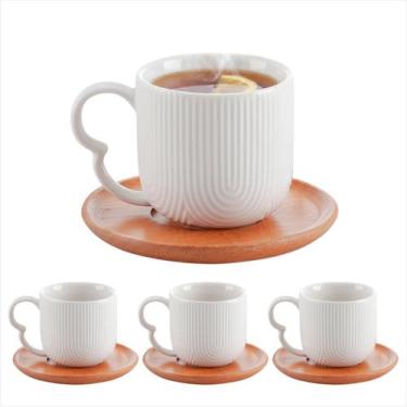 Imagem de Jogo 4 Xícaras Chá Café 190ml Cerâmica Branca Pires De Bambu Oásis Par