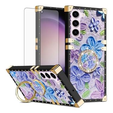 Imagem de Asuwish Capa de celular para Samsung Galaxy S23 5G capa magnética com protetor de tela de vidro temperado e pintura flor anel rígido suporte rígido S 23 23S GS23 G5 SM-S911U 15.5 cm feminino roxo