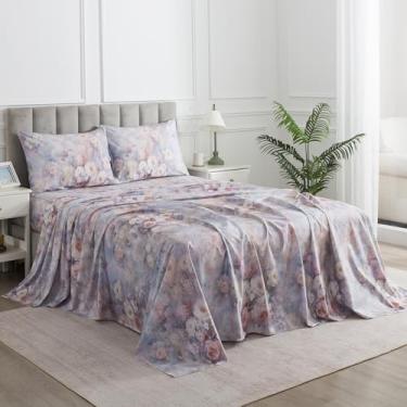 Imagem de Puralens Jogo de lençóis de percal floral vintage, king size, flor roxa, chique, macio, estético, rosa, lençol com elástico alto, 100% algodão, 4 peças