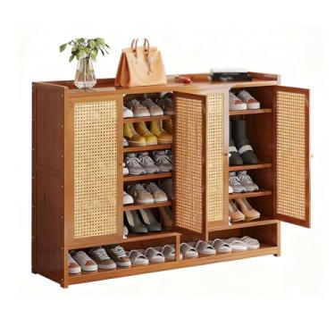 Imagem de SPXMQSS Armário de sapatos com portas, armário de armazenamento de sapatos grande de 7/8 níveis para entrada de bambu independente sapateira para corredor, sala de estar, quarto, armário marrom B 120