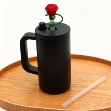 Imagem de Topper de palha rosa vermelha com canudo de silicone, conjunto de canudo decorativo reutilizável para copos e copos