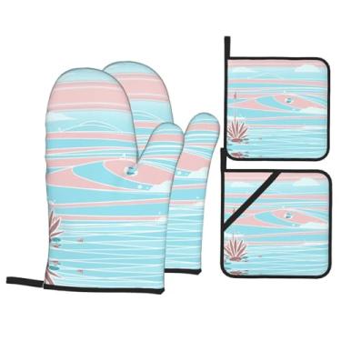 Imagem de Sandy Beach - Conjunto de luvas de cozinha estampadas com suportes de tampa, luvas de forno resistentes ao calor para manusear panelas quentes, grelhar, churrascos, kit de 4 peças.